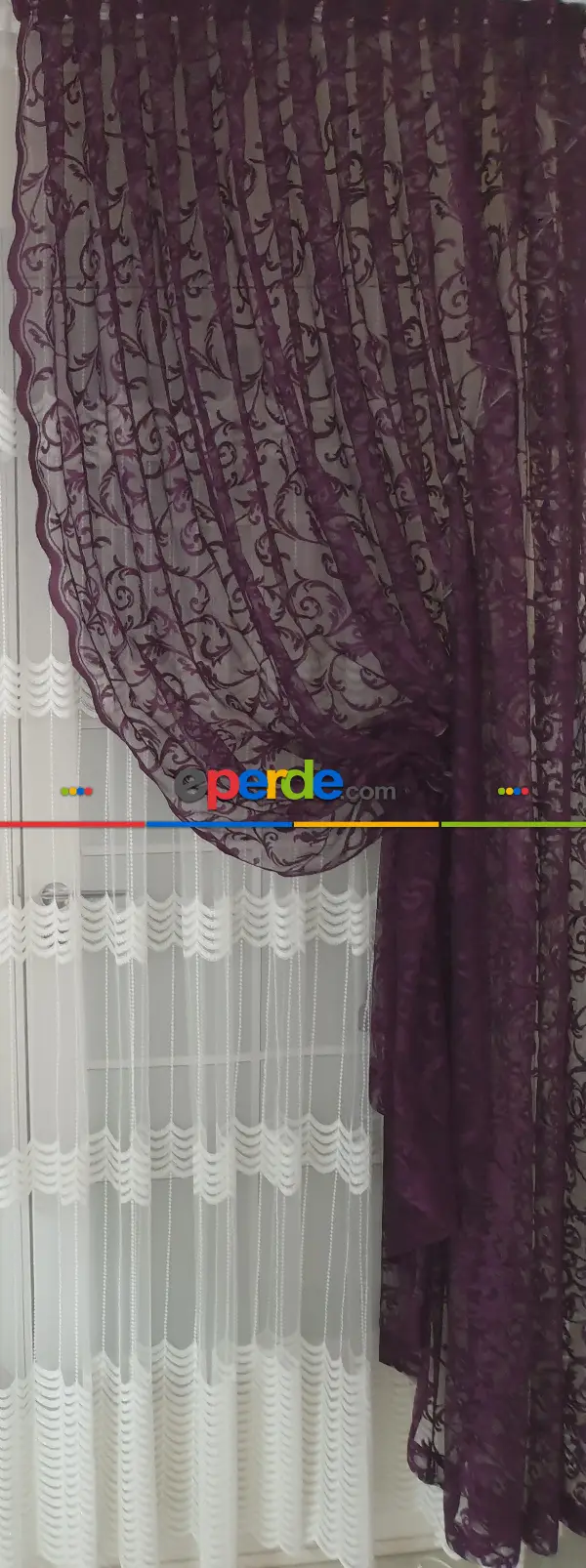 Salon - Tül Fon Mor Fon Perde- Mor 70cm X 270cm 