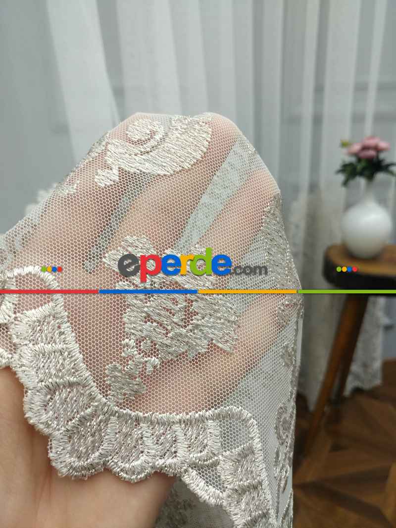 Oturma Odası - Eteği Duble Nakış İşlemeli Lüx Tül Perde Ikon 2021- Krem-altın Simli