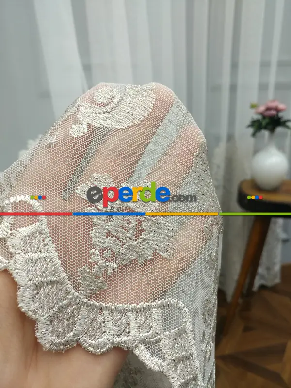 Salon Tül Perde - Eteği Duble Nakış İşlemeli Tül Perde Ikon 2021- Krem