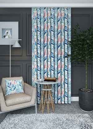 Geniş En Beyaz Zemin Açık Mavi Yaprak Desen Perde 1. Kalite