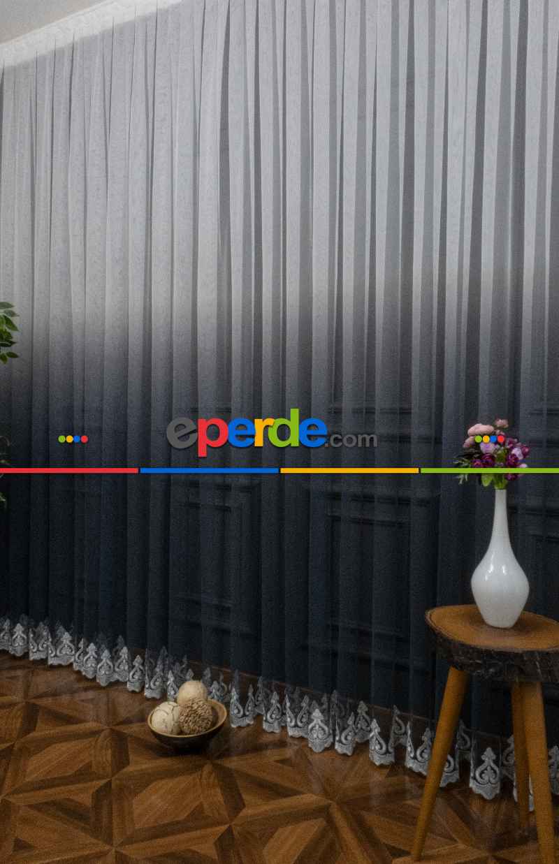 Antrasit Gri Renk Geçişli Etek Nakışlı Degrade Tasarım Tül Perde