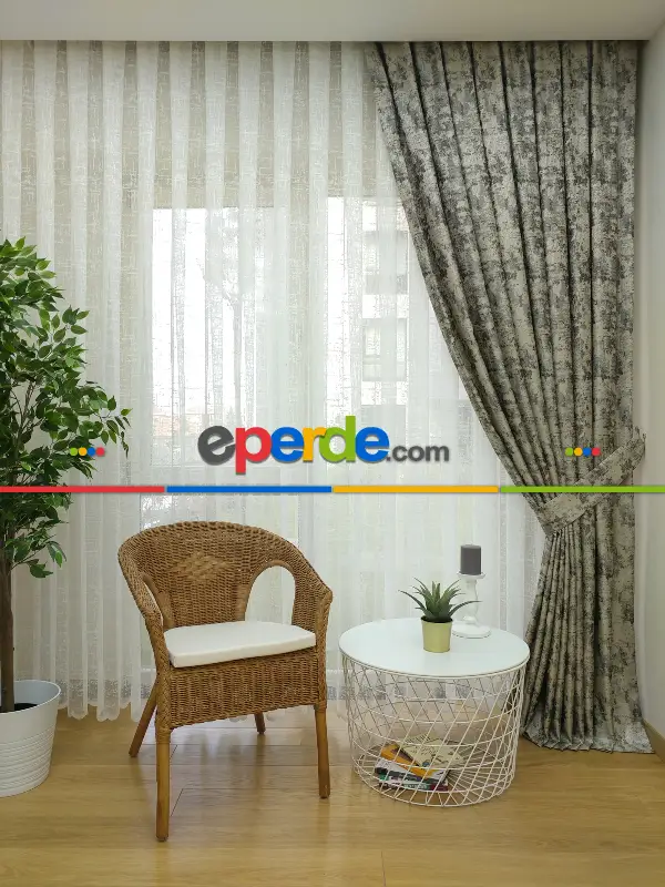 Patine Desenli Gri Desenli Jakar Fon Perde (180)- Gri