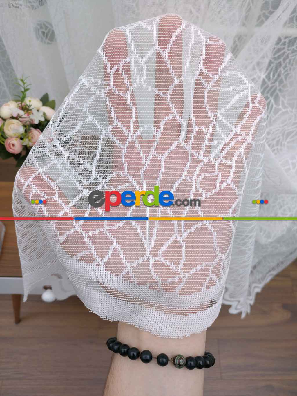 Ekru Desenli Fransız Danteli Tül Perde (geniş En 280cm)- Ekru