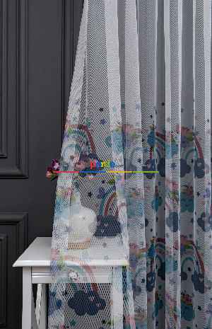 Hazır Ölçülü Petek Zemin Mavi Mor Renkli Bulut Ve Gökkuşağı Desenli Grek Baskılı Tül Perde