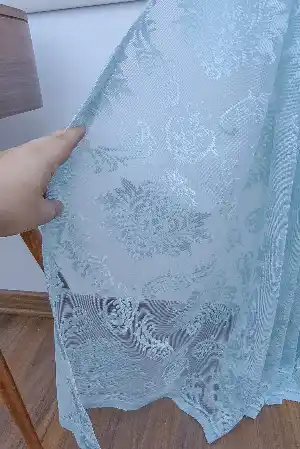 Dantel Damask Desen Tül Fon Perde - Turkuaz- Turkuaz