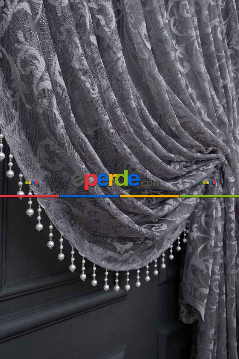 Gri Sarmaşık Desen Tül Kruvaze Şal Tül Perde Yanki Tül - Düz Model Sipariş Seçeneği - Yatak Odası Tül