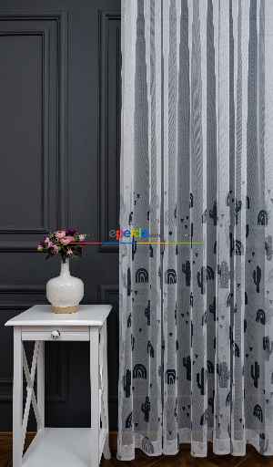 Hazır Ölçülü Petek Zemin Koyu Lacivert Renkli Kaktüs Desenli Grek Baskılı Tül Perde