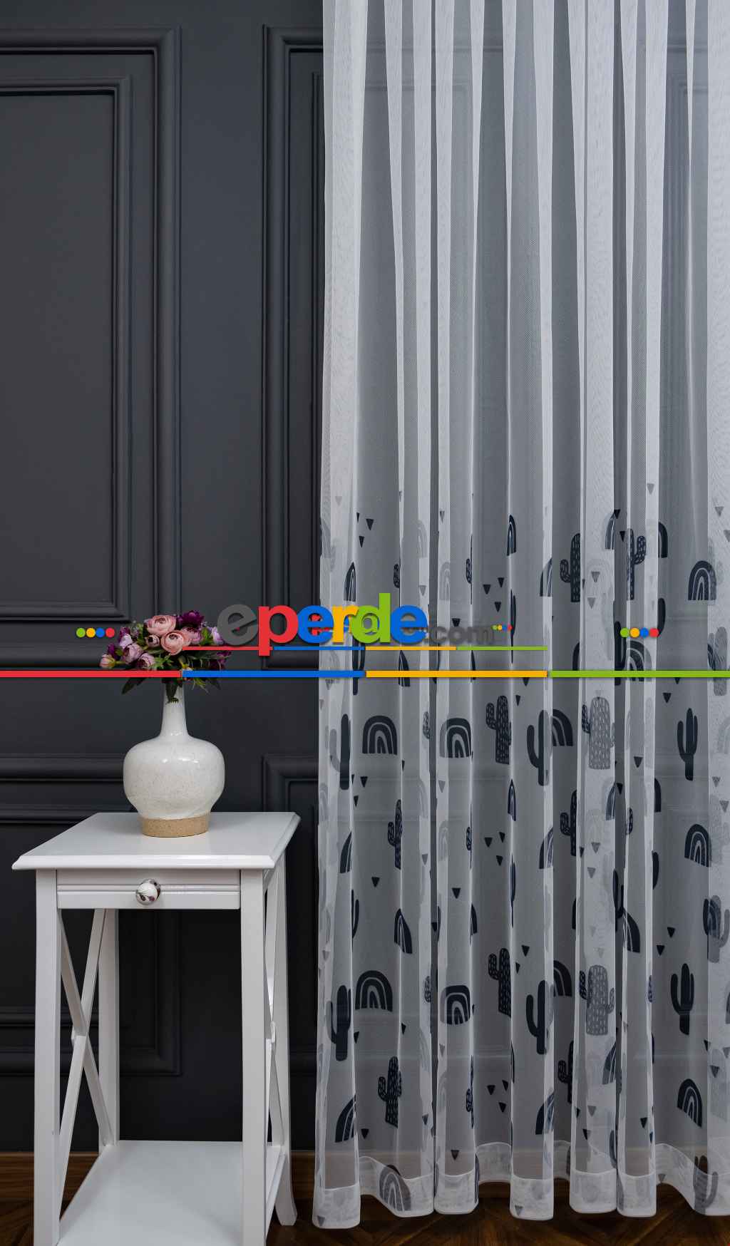 Hazır Ölçülü Petek Zemin Koyu Lacivert Renkli Kaktüs Desenli Grek Baskılı Tül Perde