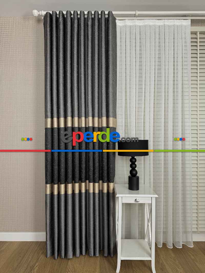 Oturma Odası - Koyu Antrasit Gri Krem Jakar Dokuma Fon Perde, Parlak Zemin