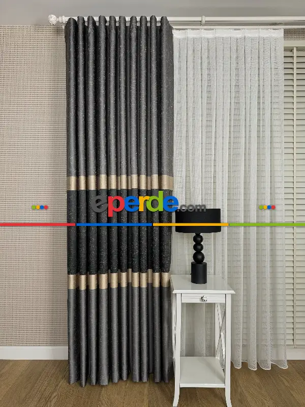 Yatak Odası - Koyu Antrasit Gri Krem Jakar Dokuma Fon Perde, Parlak Zemin