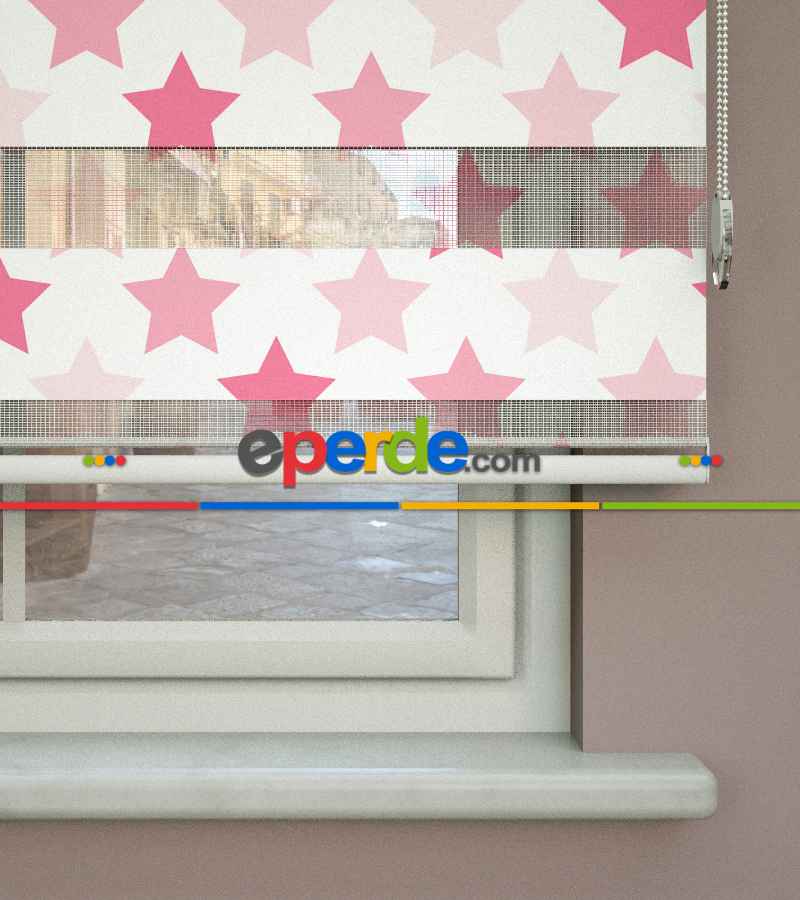 Yıldız Desenli Baskılı Zebra Perde- Pembe-çok Renkli