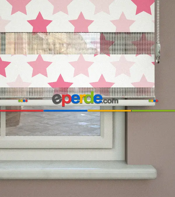 Yıldız Desenli Baskılı Zebra Perde- Pembe-Çok Renkli