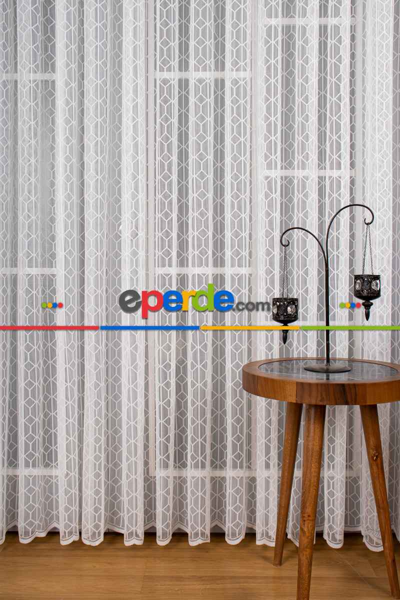 Salon - Taç Fransız Dantel Örme Tül Perde - Ekru