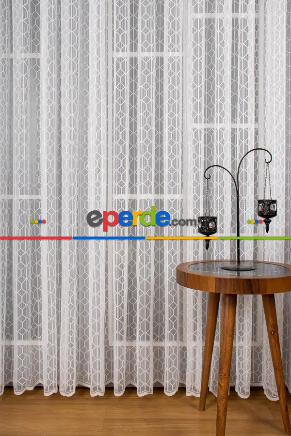 Salon - Taç Fransız Dantel Örme Tül Perde - Ekru