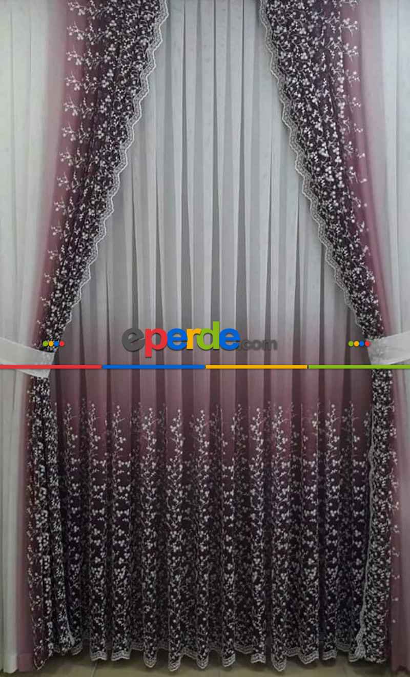 Salon Tül - Degrade İşlemeli Tül Ve Fon Takım Mürdüm