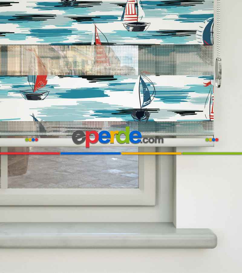 Yelkenli Desen Baskılı Zebra Perde- Çok Renkli