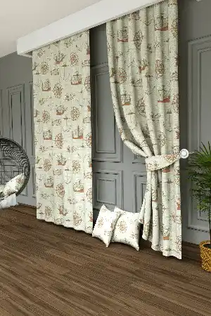 Dökümlü Kumaştan Çocuk Odası - Geniş En Denizci Desen Fon Perde 1. Kalite