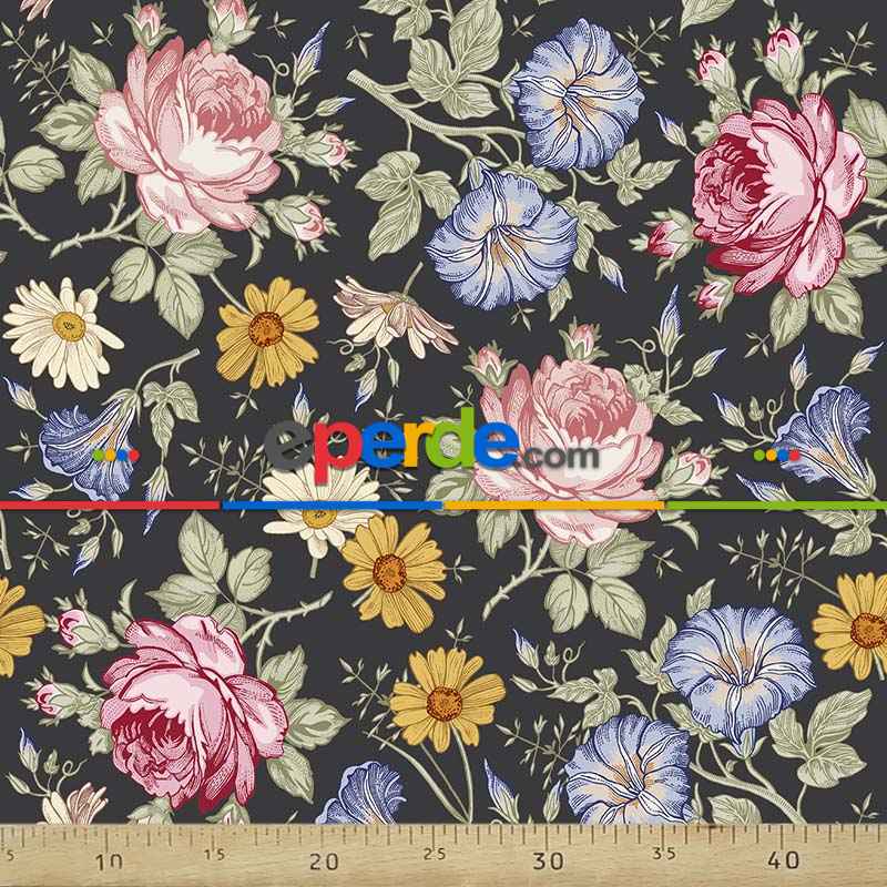 Çiçek Desenli Fon Perde Evm768 Kumaşı Kalındır Duck Bezi Değildir- Siyah-Beyaz