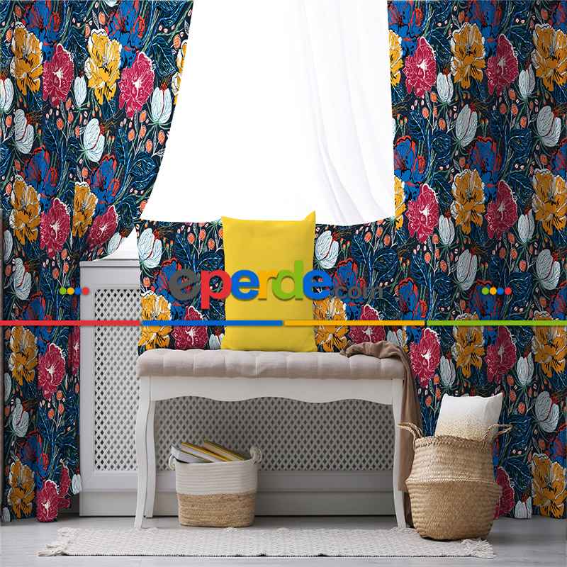 Tropik Desenli Fon Perde Evim611 Kumaşı Kalındır Duck Bezi Değildir- Mavi-beyaz