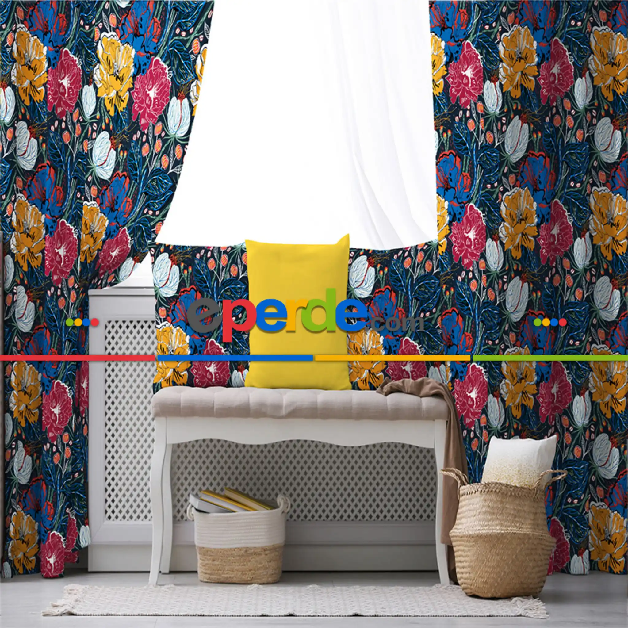 Tropik Desenli Fon Perde Evim611 Kumaşı Kalındır Duck Bezi Değildir- Mavi-beyaz