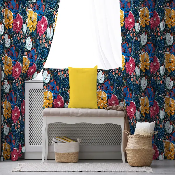 Tropik Desenli Fon Perde Evim611 Kumaşı Kalındır Duck Bezi Değildir- Mavi-beyaz