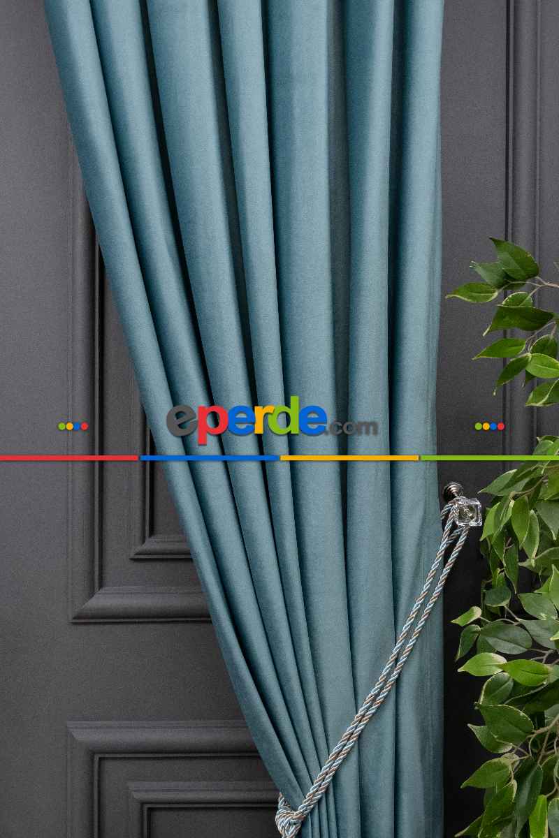 Yatak Odası - İthal Kadife Fon Perdelik Geniş Enli ( Turkuaz)