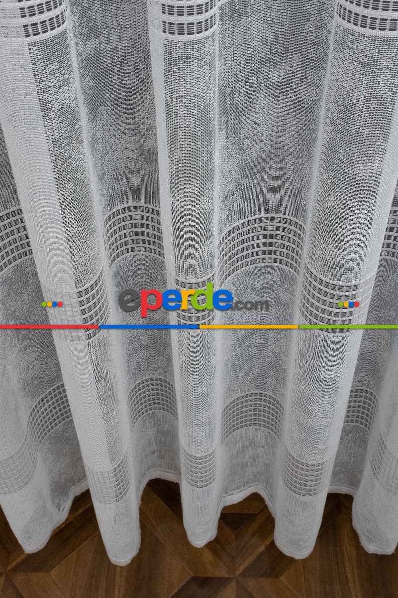 Spor Desen Tül Perde - Karlı Kareli Geometri Desenli - Ekru Açık Krem - Örme Tül