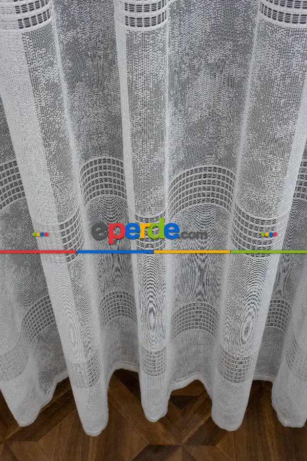 Spor Desen Tül Perde - Karlı Kareli Geometri Desenli - Ekru Açık Krem - Örme Tül