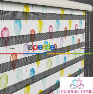 Balon Deseni Zebra Perde- Yeşil-mavi-sarı-beyaz
