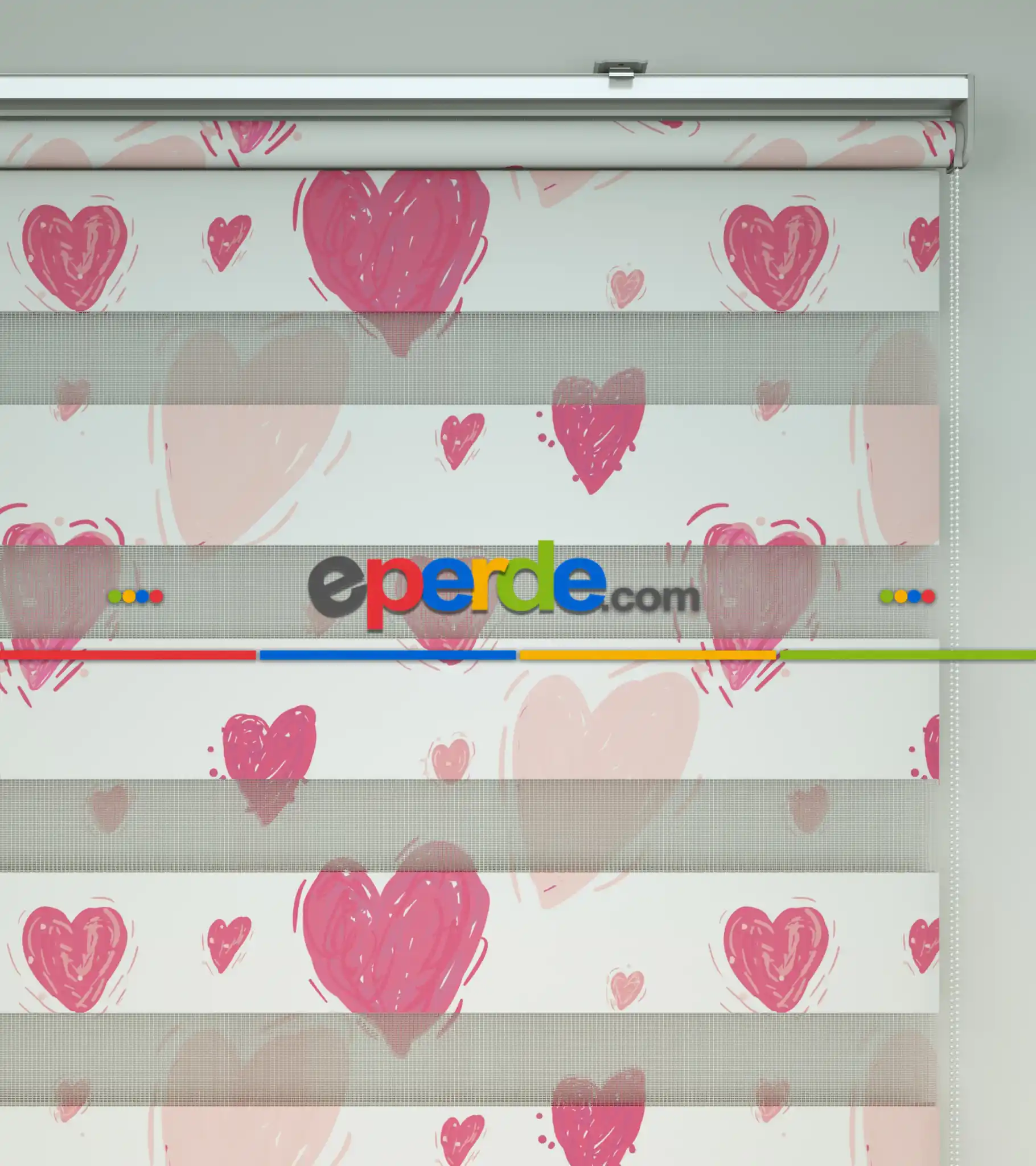 Kalp Desenli Baskılı Zebra Perde- Çok Renkli