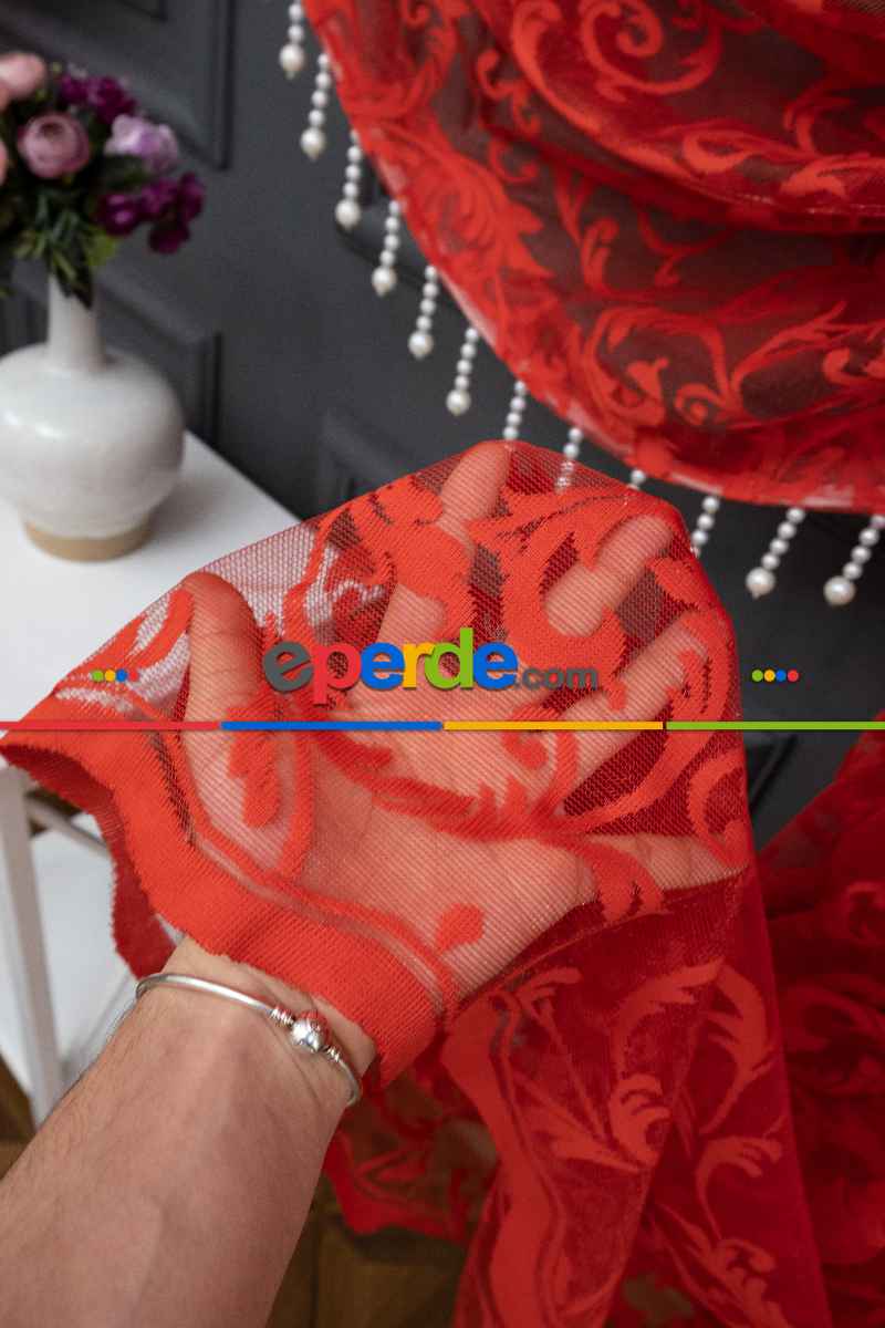 Kırmızı Tül Perde - Sarmaşık Desenli Tül - Kruvaze Model Yanki Tül Perde - Düz Model Seçeneği Var - Örme Tül