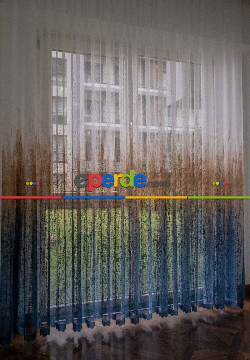 Salon Tül Modelleri - Modern Hardal Ve Mavi Desenli Degrade Geçişli Örme Tül Perde Yüksek Kalite