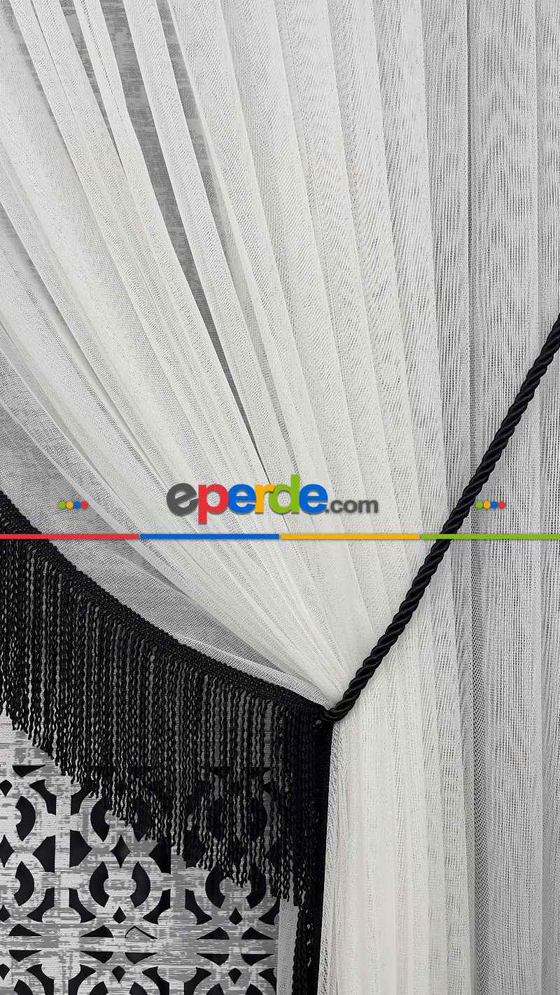 Salon Fon Siyah Saçak Detaylı Tül Fon Perde - Kordon Toplama-bambu Tül