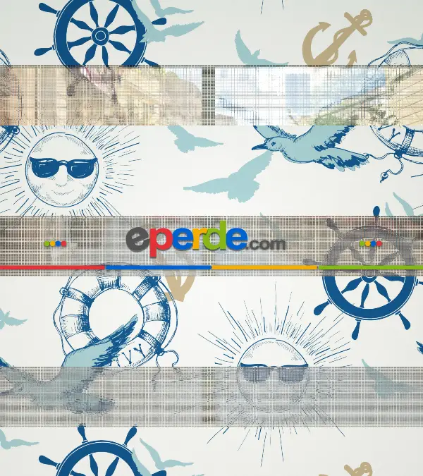 Çocuk Odası Zebra - Denizci Desenli Baskılı Zebra Perde- Mavi-Çok Renkli-Camel