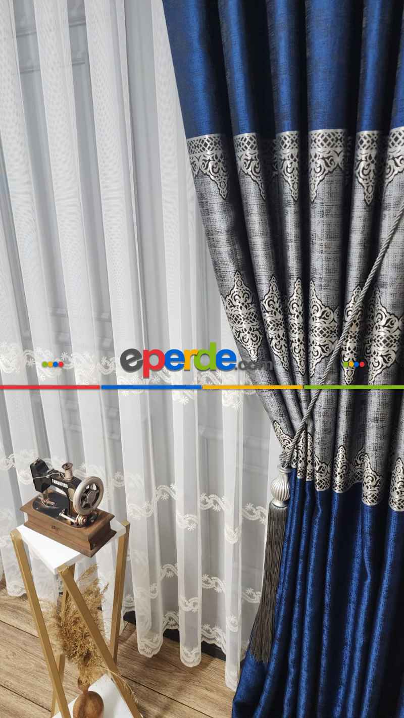 Salon Fon Perde - Gri Parlamanet Mavisi - Damask Desenli Fon Perde, Adet Fiyatıdır, İstediğiniz Boy Ölçüsünde Dikilir, Eni 70 ila 100cm Arası Seçenekler, Sık Piledir 70cm X 275cm 