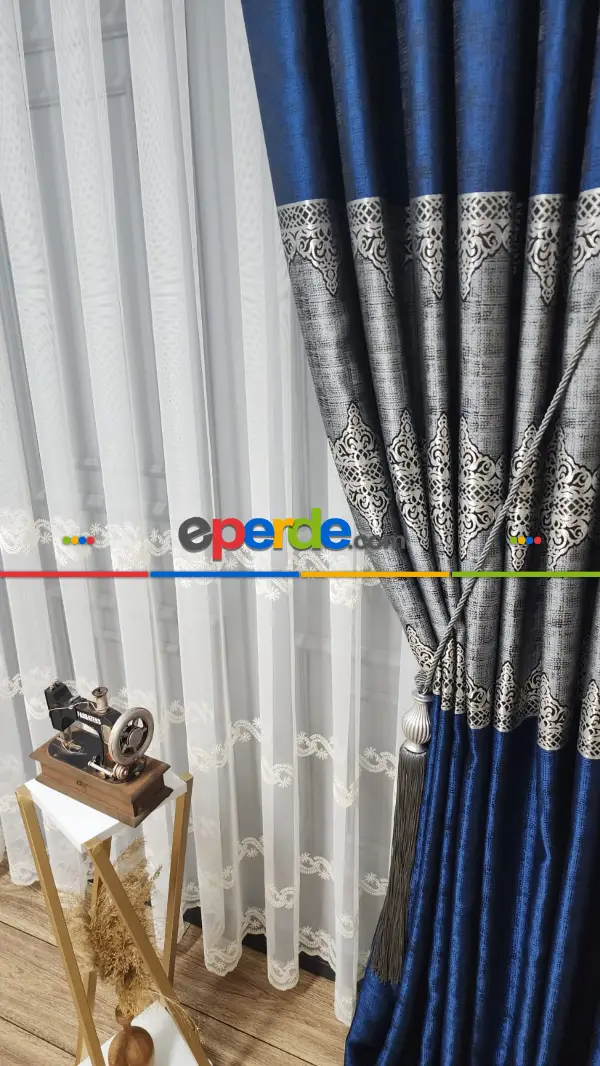 Yatak Odası - Gri Parlamanet Mavisi - Damask Desenli Fon Perde, Adet Fiyatıdır, İstediğiniz Boy Ölçüsünde Dikilir, Eni 70 ila 100cm Arası Seçenekler, Sık Piledir 70cm X 275cm 