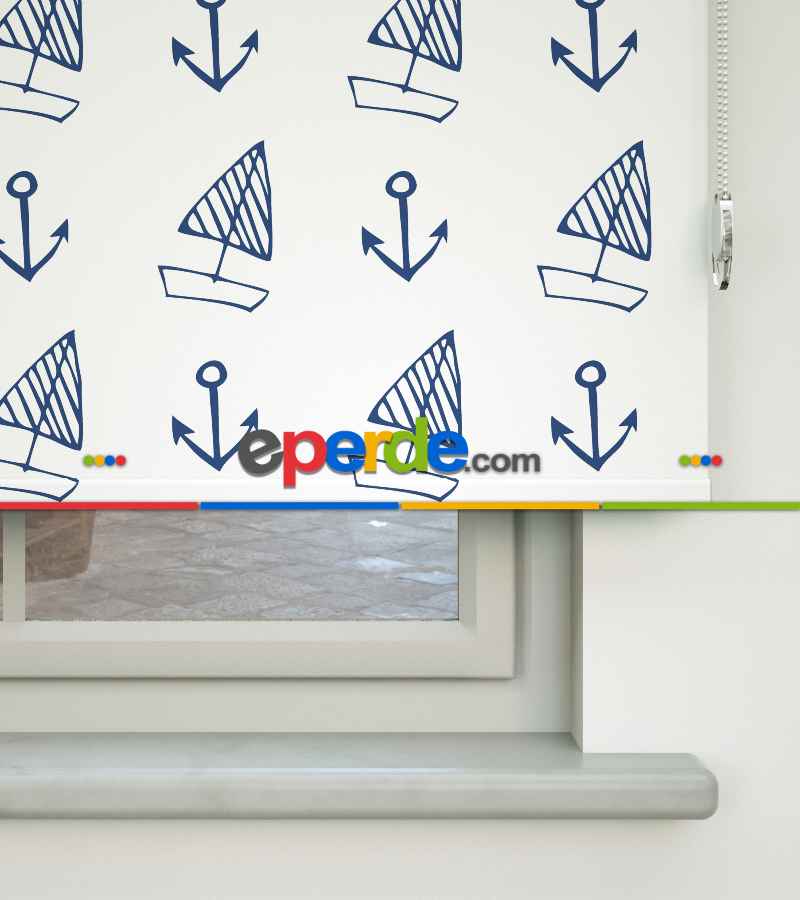 Çapa Ve Yelkenli Baskılı Stor Perde- Mavi-beyaz