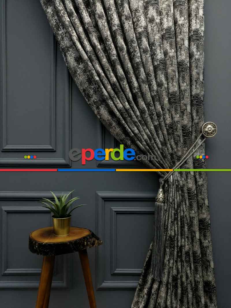 Salon Perdesi - Modern Desenli Jakarlı Fon Perde Yeni Seri 401- Gri-Füme-Antrasit