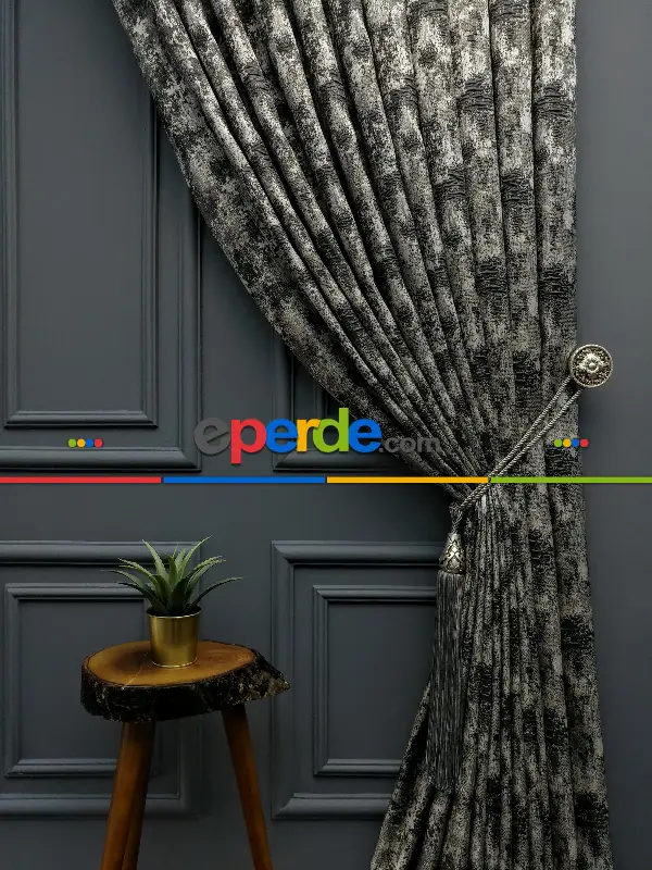 Yatak Odası - PatineDesenli Modern Desenli Jakarlı Fon Perde Yeni Seri 401- Gri-füme-antrasit-bej-füme