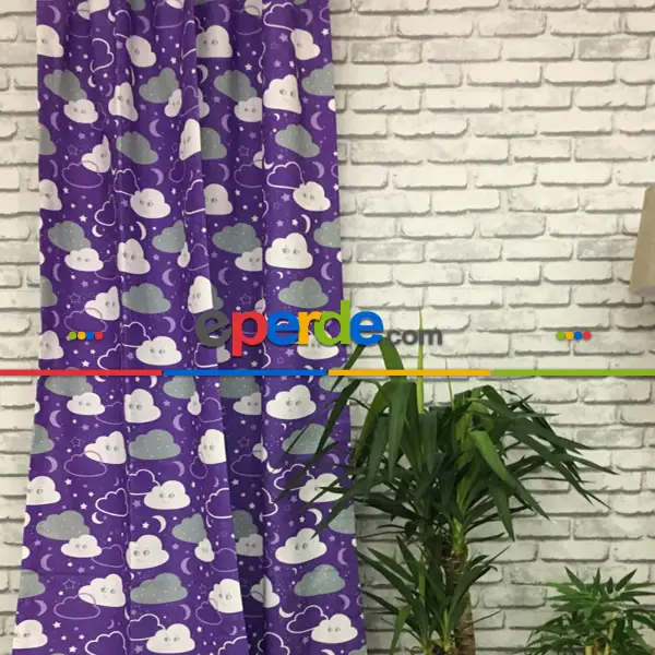Bebek Odası Fon - Bulut Desenli Fon Perde Evm683-3 Kumaşı Kalındır Duck Bezi Değildir- Beyaz