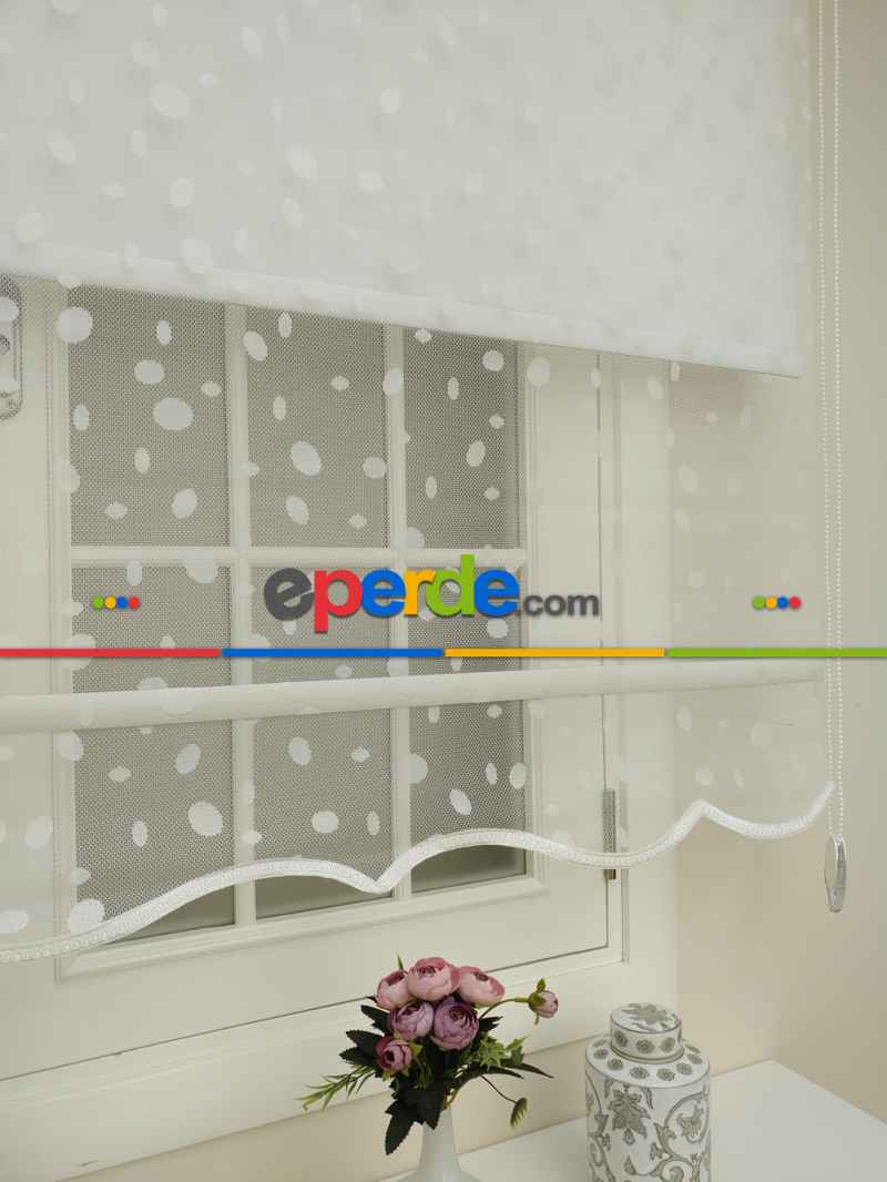 Jakar Örme Tül- Ekru Çiftli Sistem Dantel Desenli Perde- Ekru