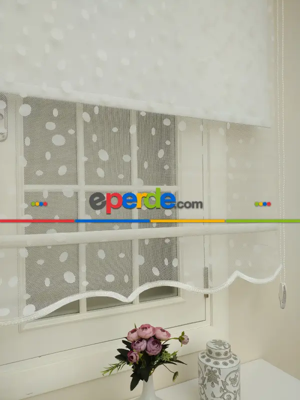 Yatak Odası - Jakar Örme Tül- Ekru Çiftli Sistem Dantel Desenli Perde- Ekru