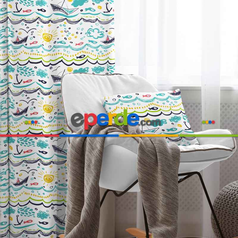 Çocuk Desenli Fon Perde Evim855 Kumaşı Kalındır Duck Bezi Değildir- Mavi-beyaz