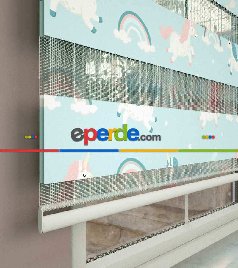Unicorn Desenli Baskılı Zebra Perde- Çok Renkli