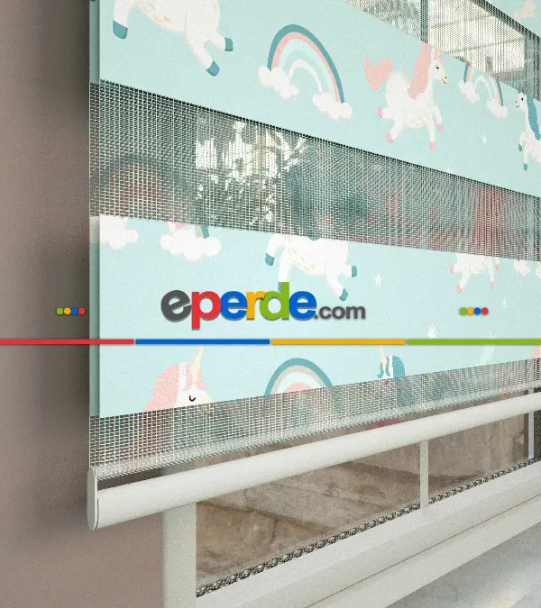 Unicorn Desenli Baskılı Zebra Perde- Çok Renkli