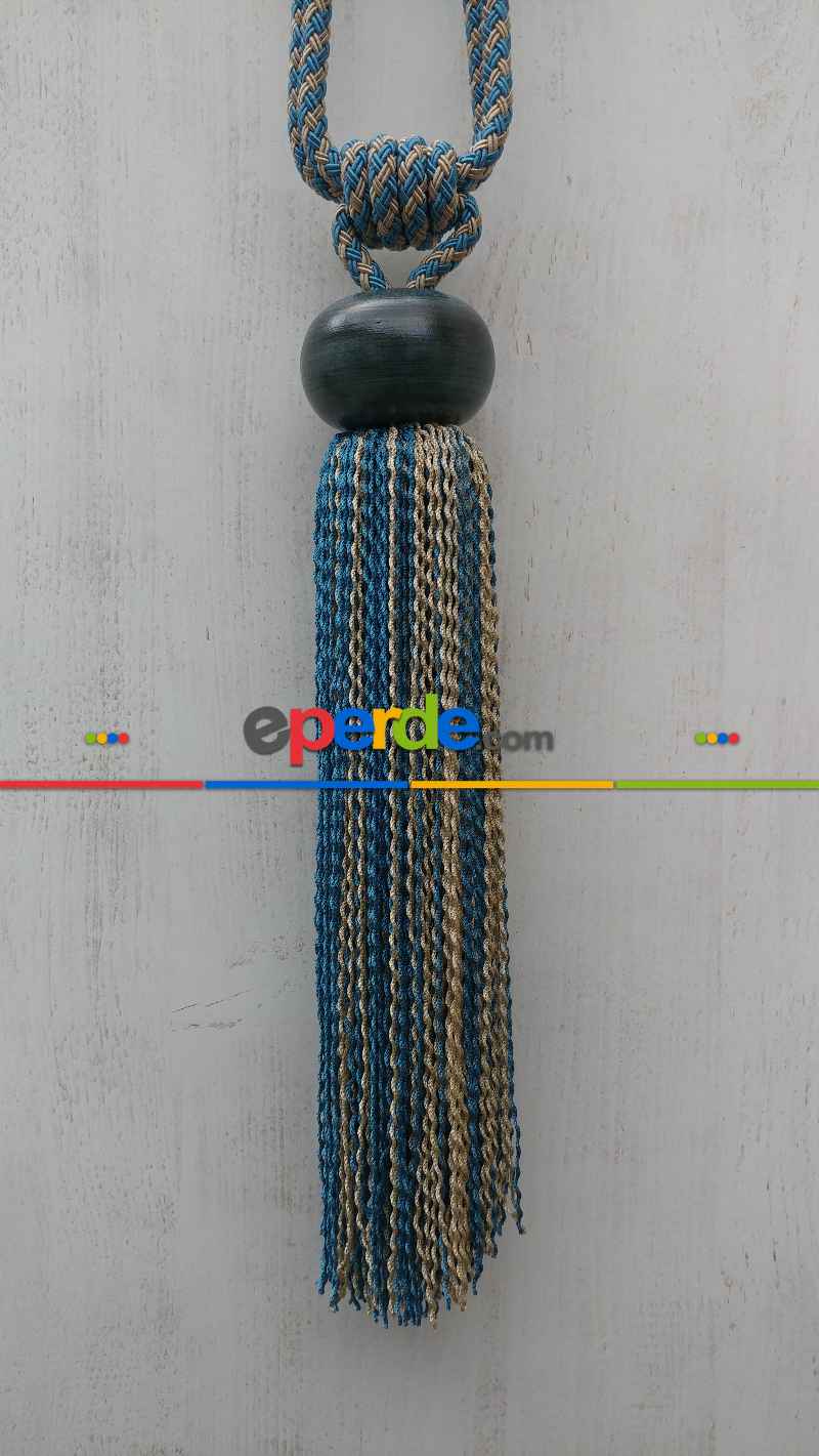 Ahşap Petrol Mavisi Braçol Perde Bağı- Petrol Mavisi