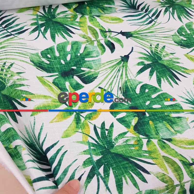 Tropikal Yaprak Desenli Fon Perde Evm1119 Kumaşı Kalındır Duck Bezi Değildir- Yeşil-Beyaz