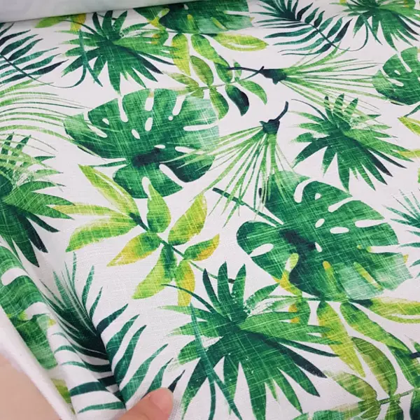 Salon Fon - Tropikal Yaprak Desenli Fon Perde Evm1119 Kumaşı Kalındır Duck Bezi Değildir- Yeşil-Beyaz