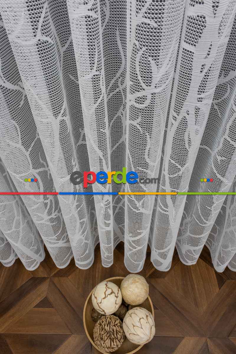 Salon - Dal Desenli Örme Tül - Ekru