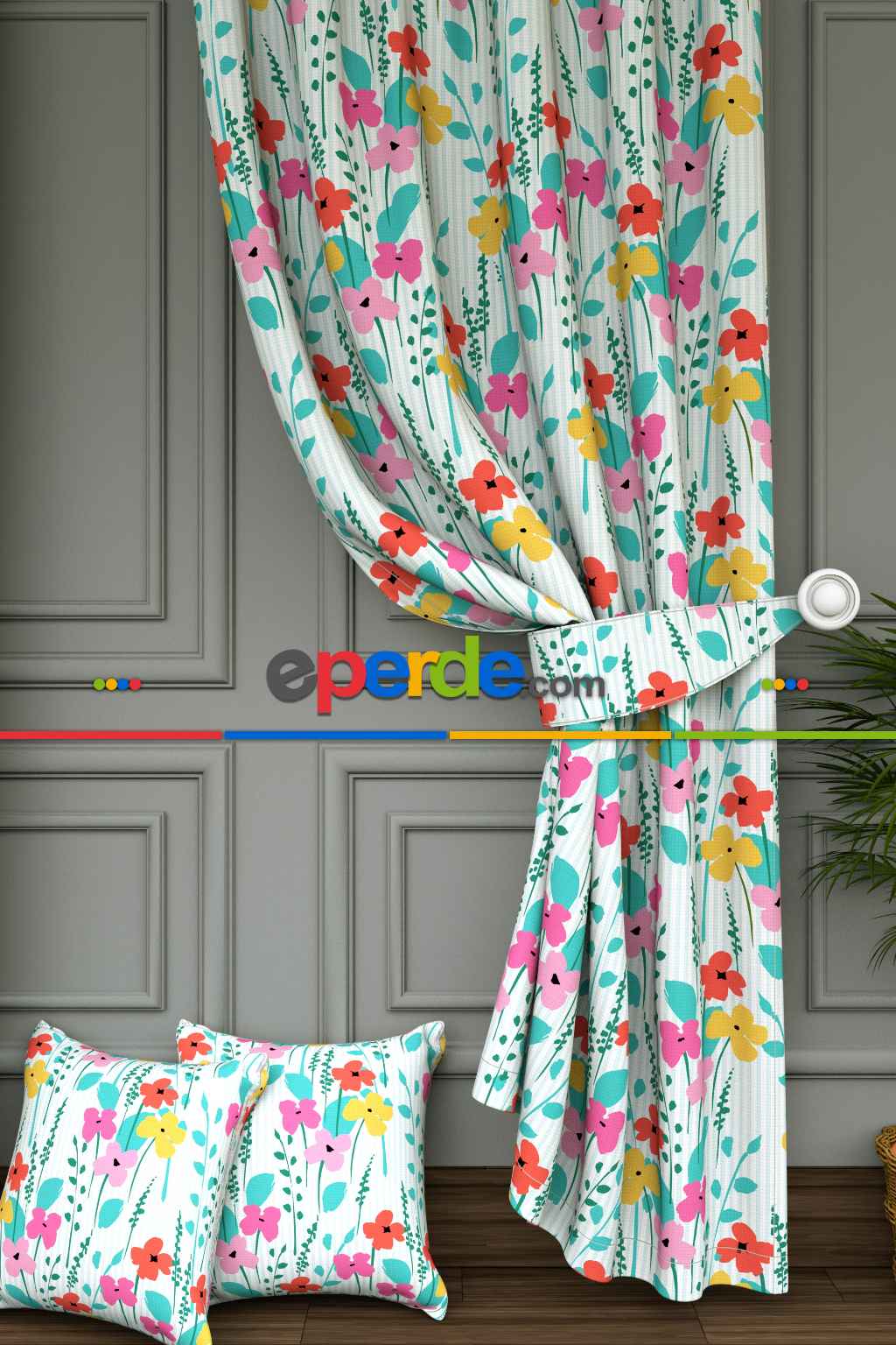 Dökümlü Kumaştan Bahar Çiçekleri Baskılı Fon Perde